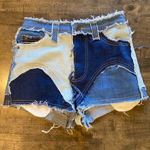 Blue Distressed Jean Shorts with Two-Tone Design